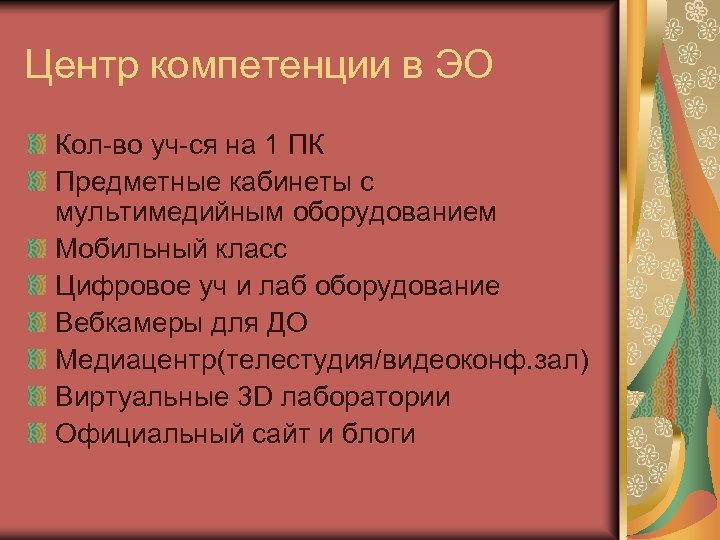 Центр компетенции в ЭО Кол-во уч-ся на 1 ПК Предметные кабинеты с мультимедийным оборудованием