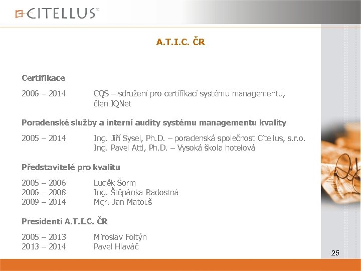 A. T. I. C. ČR Certifikace 2006 – 2014 CQS – sdružení pro certifikaci