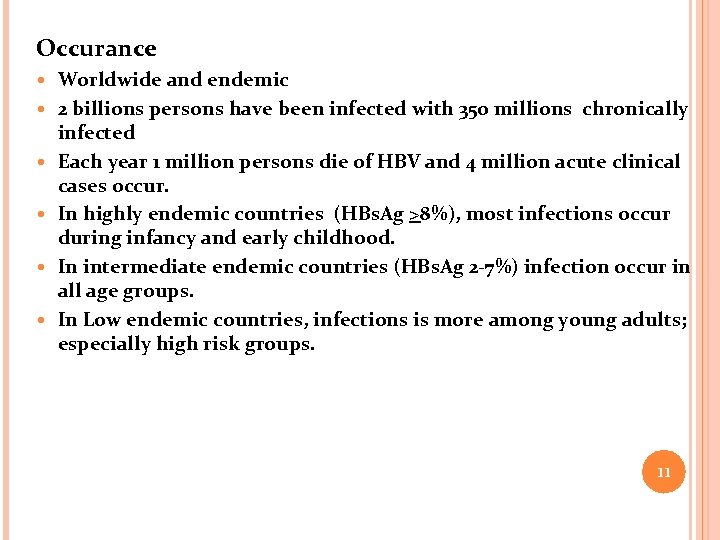 Occurance Worldwide and endemic 2 billions persons have been infected with 350 millions chronically