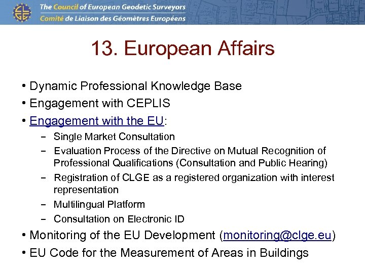 13. European Affairs • Dynamic Professional Knowledge Base • Engagement with CEPLIS • Engagement