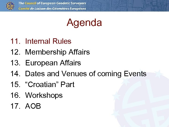 Agenda 11. 12. 13. 14. 15. 16. 17. Internal Rules Membership Affairs European Affairs