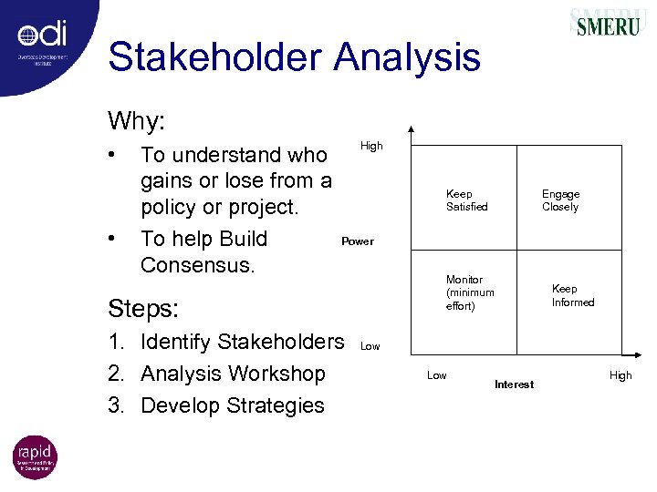 Stakeholder Analysis Why: • • To understand who gains or lose from a policy
