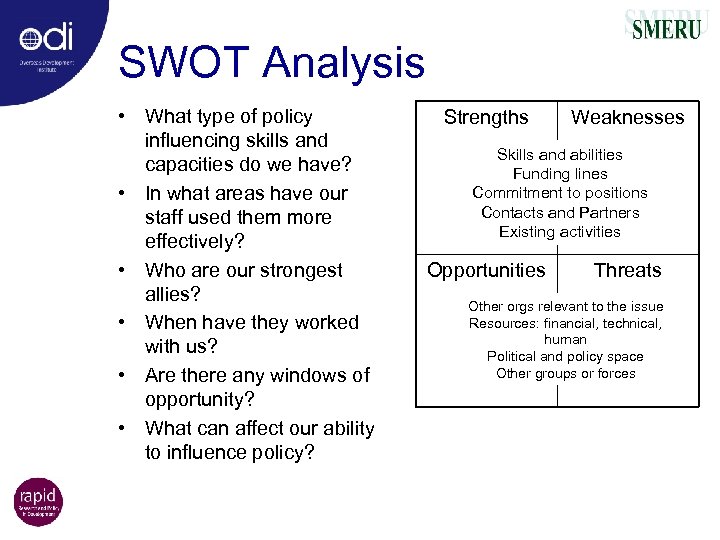 SWOT Analysis • What type of policy influencing skills and capacities do we have?