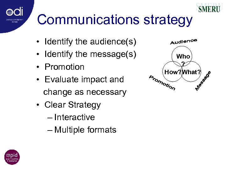 Communications strategy • • Identify the audience(s) Identify the message(s) Promotion Evaluate impact and