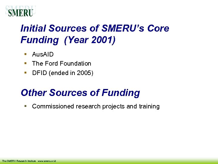 Initial Sources of SMERU’s Core Funding (Year 2001) Aus. AID The Ford Foundation DFID