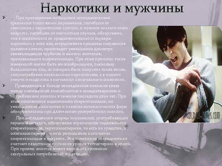 Ø Ø Ø Наркотики и мужчины При проведенном немецкими исследователями сравнении ткани яичек наркоманов,