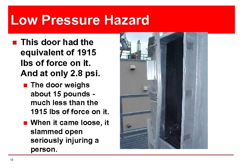 Low Pressure Hazard n This door had the equivalent of 1915 lbs of force