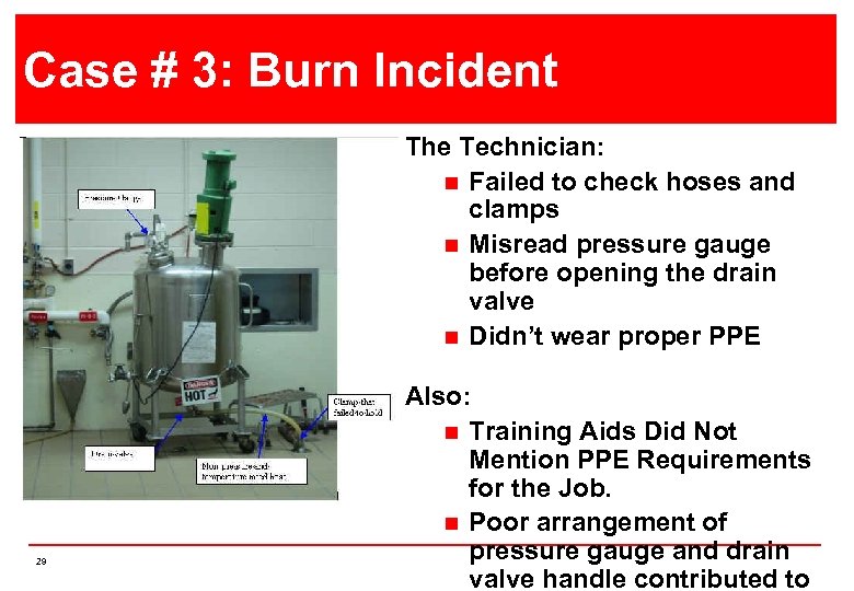 Case 2 Burn Incident Case # 3: Operator Burn Incident The Technician: n Failed