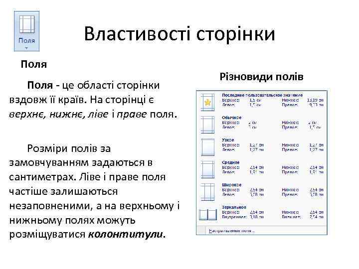 Властивості сторінки Поля - це області сторінки вздовж її країв. На сторінці є верхнє,