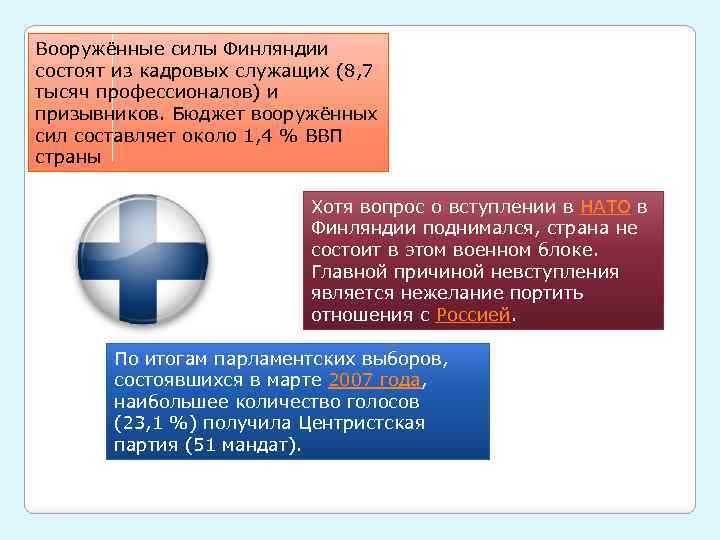 Вооружённые силы Финляндии состоят из кадровых служащих (8, 7 тысяч профессионалов) и призывников. Бюджет