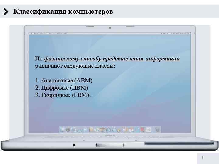 Классификация компьютеров По физическому способу представления информации различают следующие классы: 1. Аналоговые (АВМ) 2.