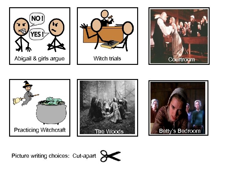 Abigail & girls argue Witch trials Practicing Witchcraft The Woods Picture writing choices: Cut-apart