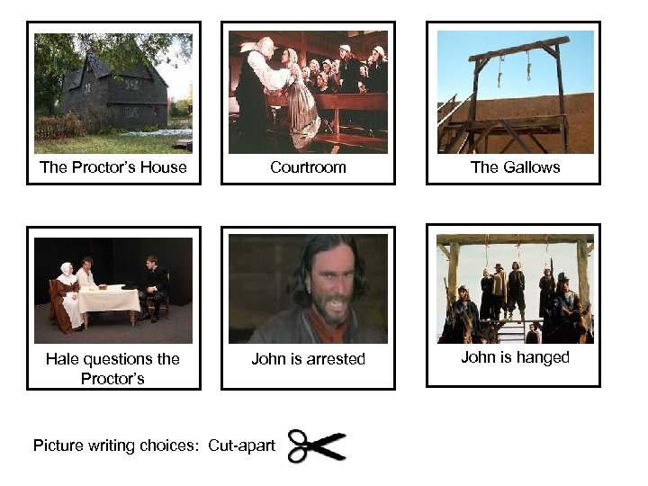 The Proctor’s House Courtroom The Gallows Hale questions the Proctor’s John is arrested John