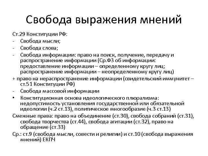 Свобода выражения мнений Ст. 29 Конституции РФ: - Свобода мысли; - Свобода слова; -