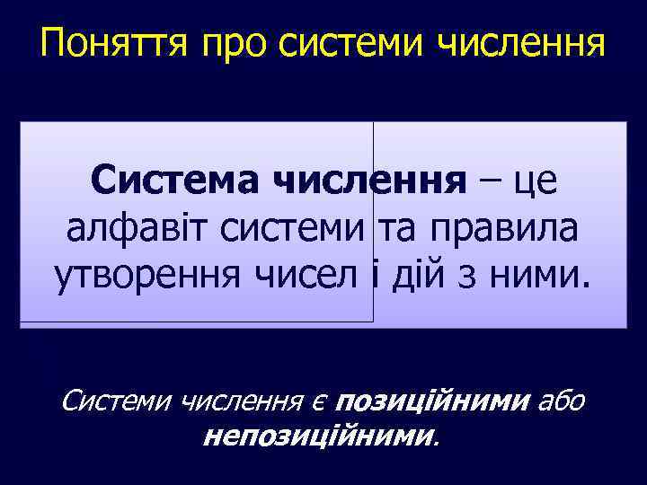 Поняття про системи числення Система числення – це алфавіт системи та правила утворення чисел