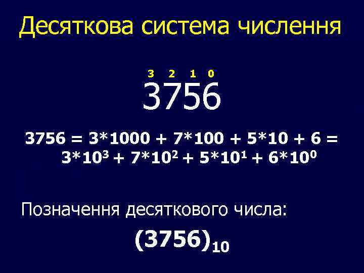 Десяткова система числення 3 2 1 0 3756 = 3*1000 + 7*100 + 5*10