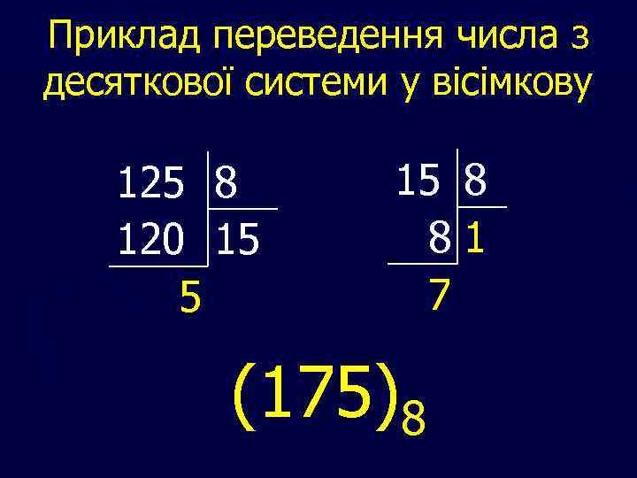 Приклад переведення числа з десяткової системи у вісімкову 125 8 120 15 5 15