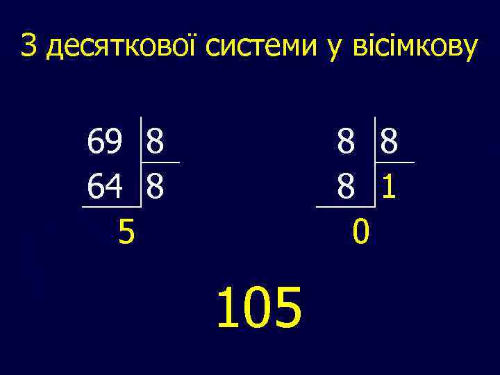 З десяткової системи у вісімкову 69 8 64 8 5 8 8 8 1