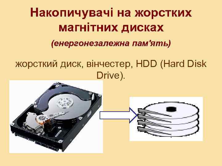 Накопичувачі на жорстких магнітних дисках (енергонезалежна пам'ять) жорсткий диск, вінчестер, HDD (Hard Disk Drive).