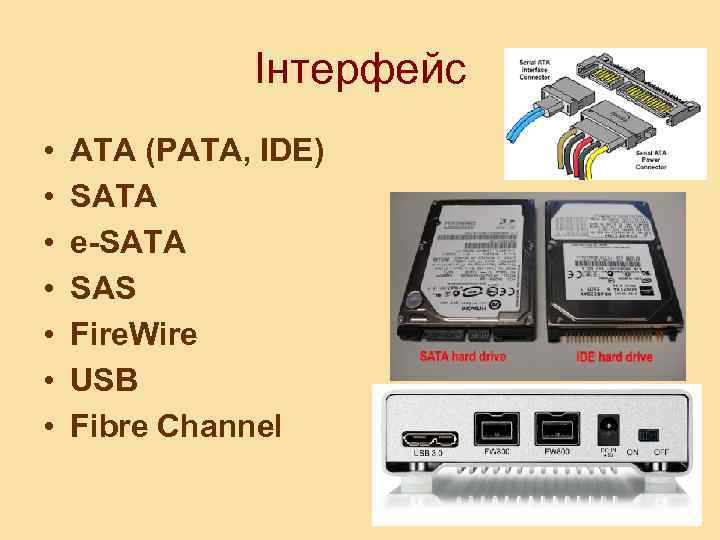 Інтерфейс • • ATA (PATA, IDE) SATA e-SATA SAS Fire. Wire USB Fibre Channel