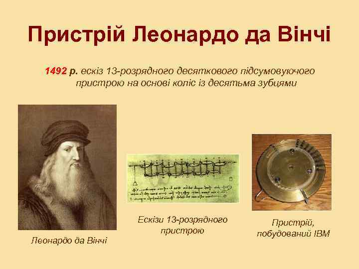 Пристрій Леонардо да Вінчі 1492 р. ескiз 13 -розрядного десяткового пiдсумовуючого пристрою на основi