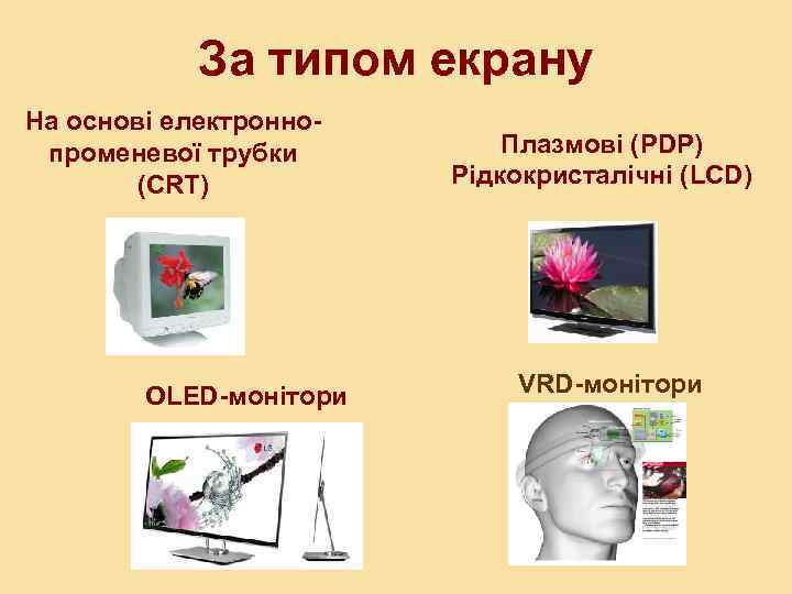 За типом екрану На основі електроннопроменевої трубки (CRT) OLED-монітори Плазмові (PDP) Рідкокристалічні (LCD) VRD-монітори