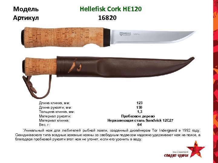 Модель Артикул Hellefisk Cork HE 120 16820 Длина клинка, мм: 123 Длина рукояти, мм: