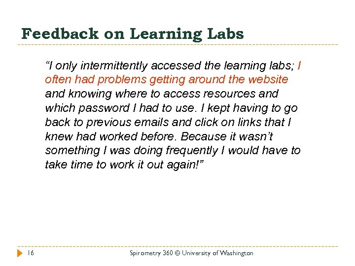 Feedback on Learning Labs “I only intermittently accessed the learning labs; I often had
