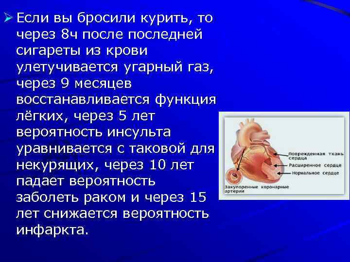 Ø Если вы бросили курить, то через 8 ч последней сигареты из крови улетучивается