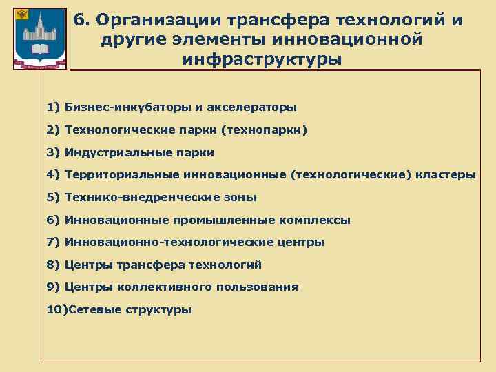  6. Организации трансфера технологий и другие элементы инновационной инфраструктуры 1) Бизнес-инкубаторы и акселераторы