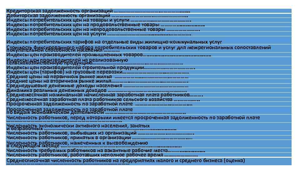 Кредиторская задолженность организаций ………………. . . . Дебиторская задолженность организаций ……………. . Индексы потребительских