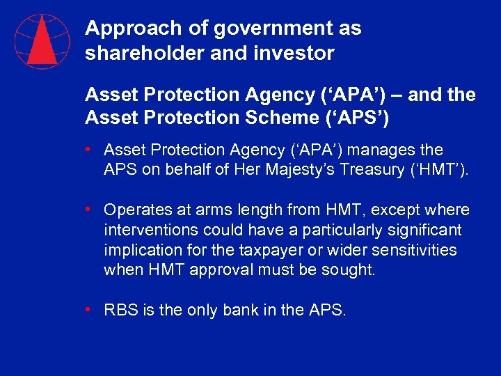 Approach of government as shareholder and investor Asset Protection Agency (‘APA’) – and the