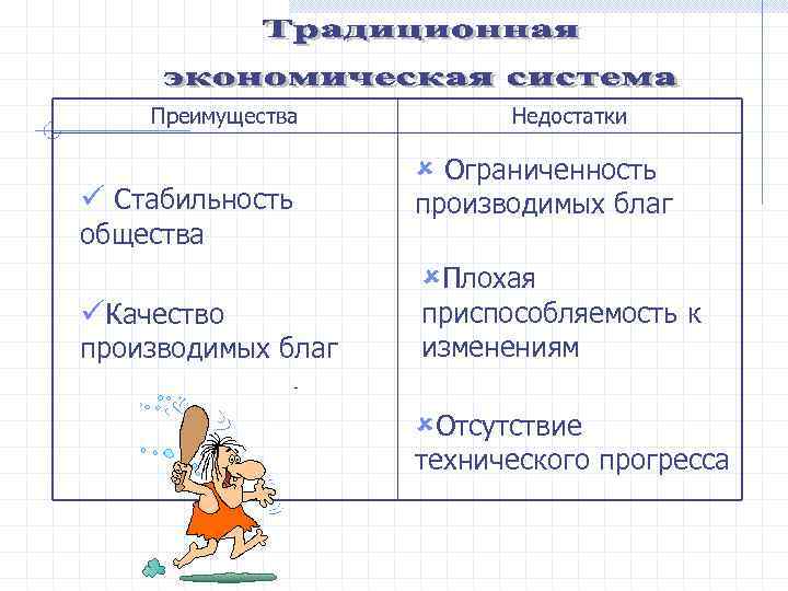 Преимущества ü Стабильность общества Недостатки û Ограниченность производимых благ ûПлохая üКачество производимых благ приспособляемость