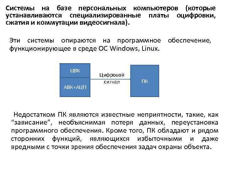 Системы на базе персональных компьютеров (которые устанавливаются специализированные платы оцифровки, сжатия и коммутации видеосигнала).