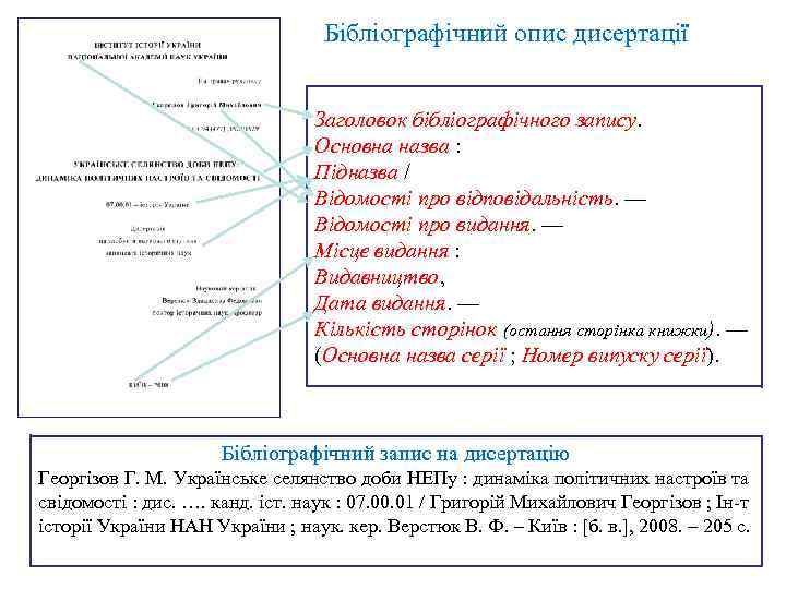 Бібліографічний опис дисертації Заголовок бібліографічного запису. Основна назва : Підназва / Відомості про відповідальність.