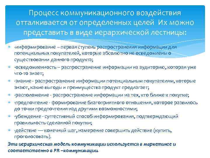 Процесс коммуникационного воздействия отталкивается от определенных целей Их можно представить в виде иерархической лестницы:
