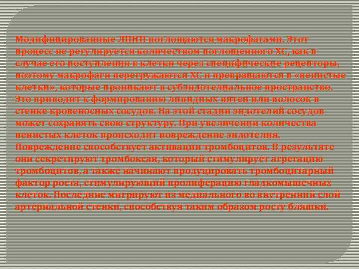 Модифицированные ЛПНП поглощаются макрофагами. Этот процесс не регулируется количеством поглощенного ХС, как в случае