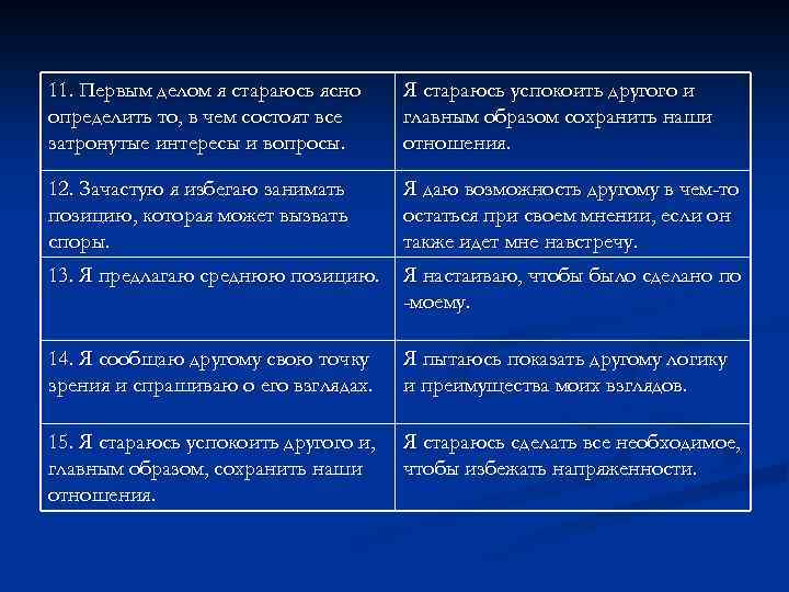 11. Первым делом я стараюсь ясно определить то, в чем состоят все затронутые интересы