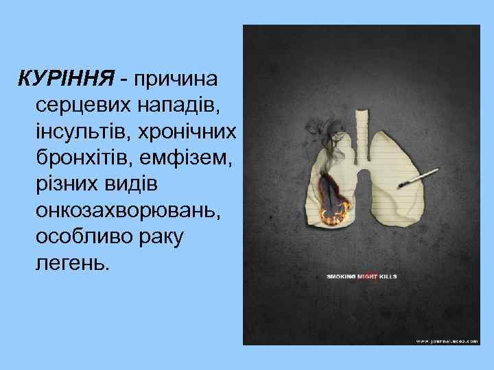 КУРІННЯ - причина серцевих нападів, інсультів, хронічних бронхітів, емфізем, різних видів онкозахворювань, особливо раку