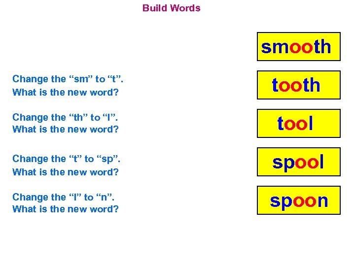 Build Words smooth Change the “sm” to “t”. What is the new word? tooth