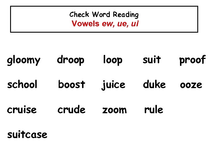 Check Word Reading Vowels ew, ue, ui gloomy droop loop suit proof school boost