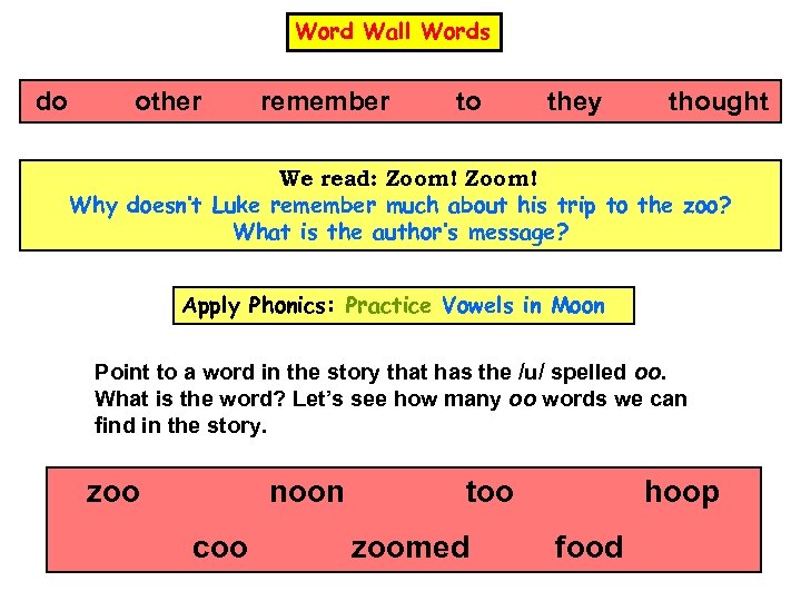 Word Wall Words do other remember to they thought We read: Zoom! Why doesn’t