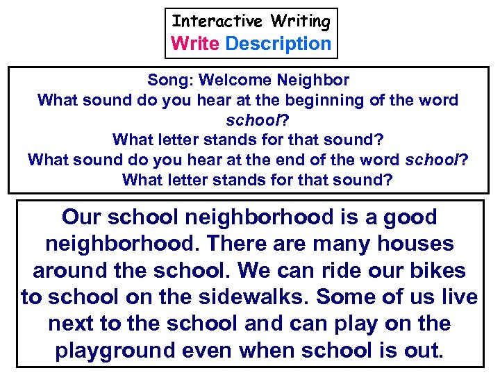 Interactive Writing Write Description Song: Welcome Neighbor What sound do you hear at the