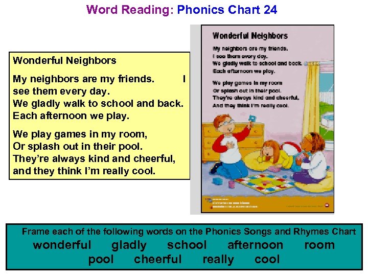 Word Reading: Phonics Chart 24 Wonderful Neighbors My neighbors are my friends. I see