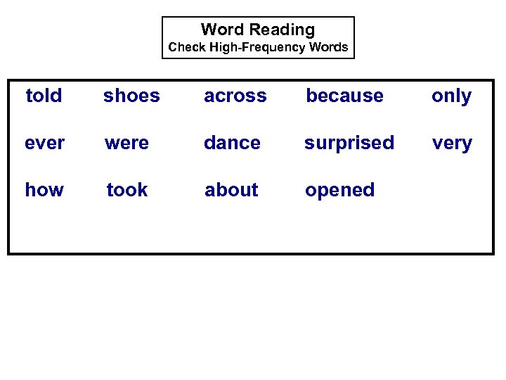 Word Reading Check High-Frequency Words told shoes across because only ever were dance surprised