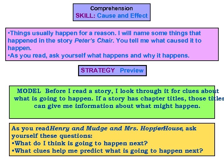 Comprehension SKILL: Cause and Effect • Things usually happen for a reason. I will