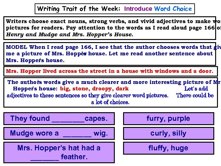 Writing Trait of the Week: Introduce Word Choice Writers choose exact nouns, strong verbs,