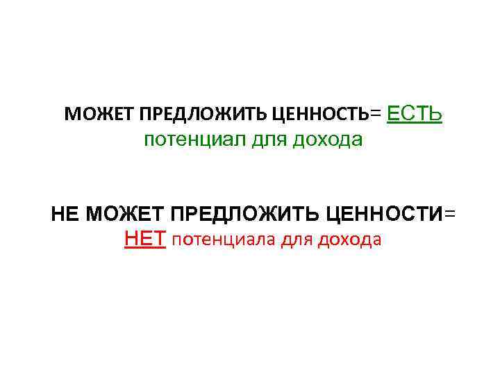 МОЖЕТ ПРЕДЛОЖИТЬ ЦЕННОСТЬ= ЕСТЬ потенциал для дохода НЕ МОЖЕТ ПРЕДЛОЖИТЬ ЦЕННОСТИ= НЕТ потенциала для