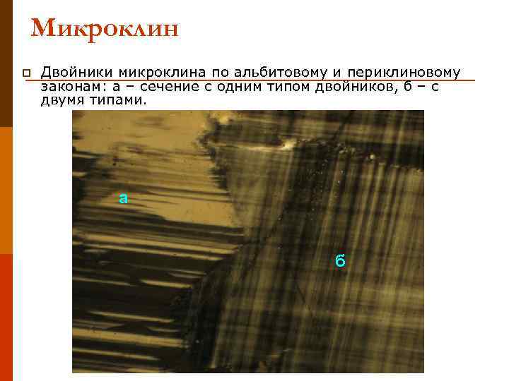 Микроклин p Двойники микроклина по альбитовому и периклиновому законам: а – сечение с одним