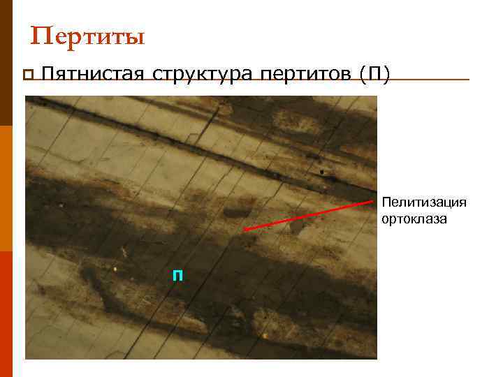 Пертиты p Пятнистая структура пертитов (П) Пелитизация ортоклаза п 